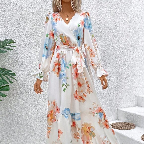 Mutlicolor Boho Women's Floral Print Bell Sleeve Dress - Picture 4 of 5